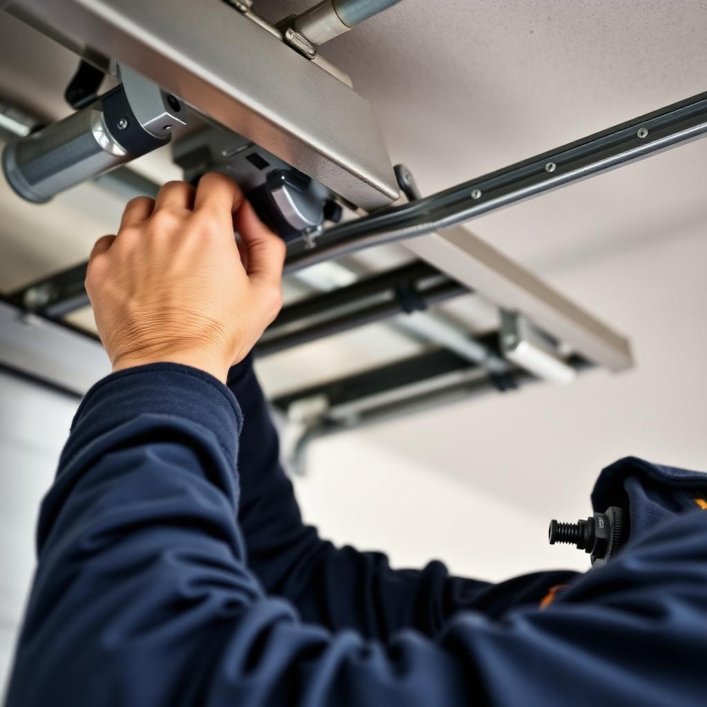 Certified technician performing garage door repair service on spring system